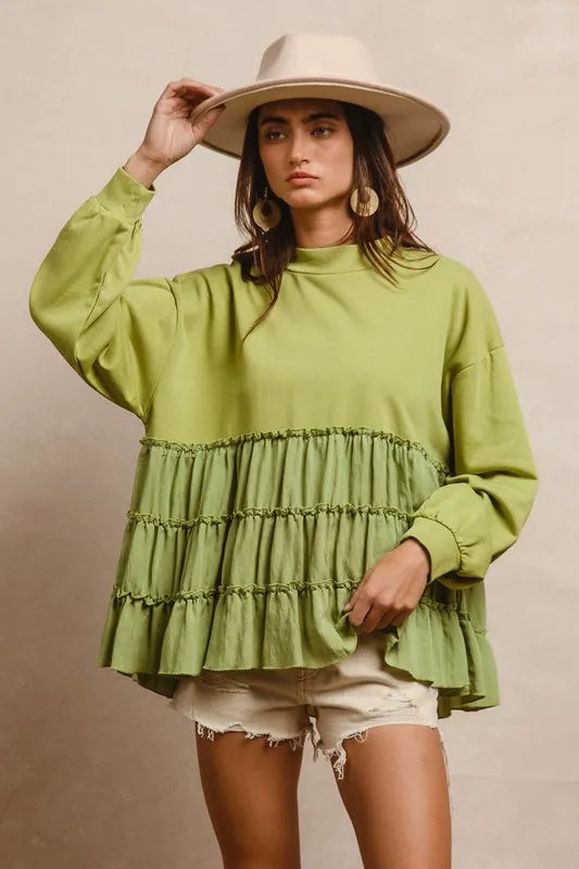 BiBi French Terry and Woven Mixed Tiered Top Tops