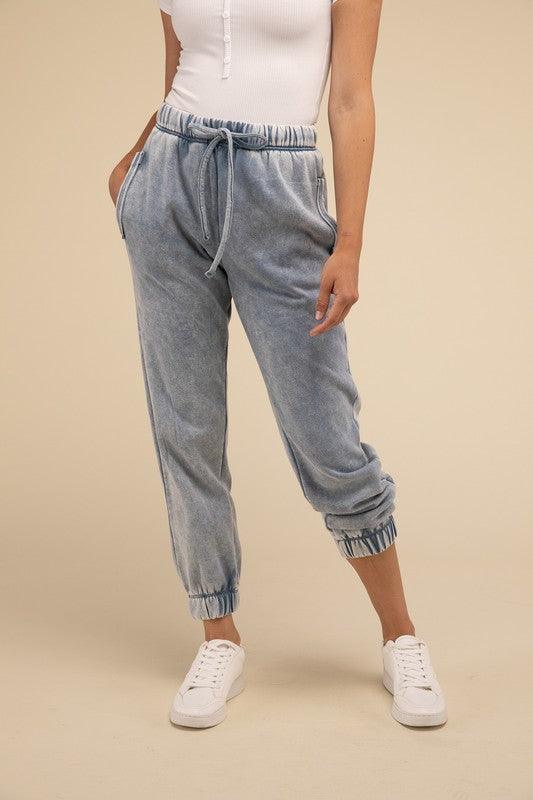 Acid Wash Fleece Sweatpants with Pockets BLUE GREY Lounge Pants