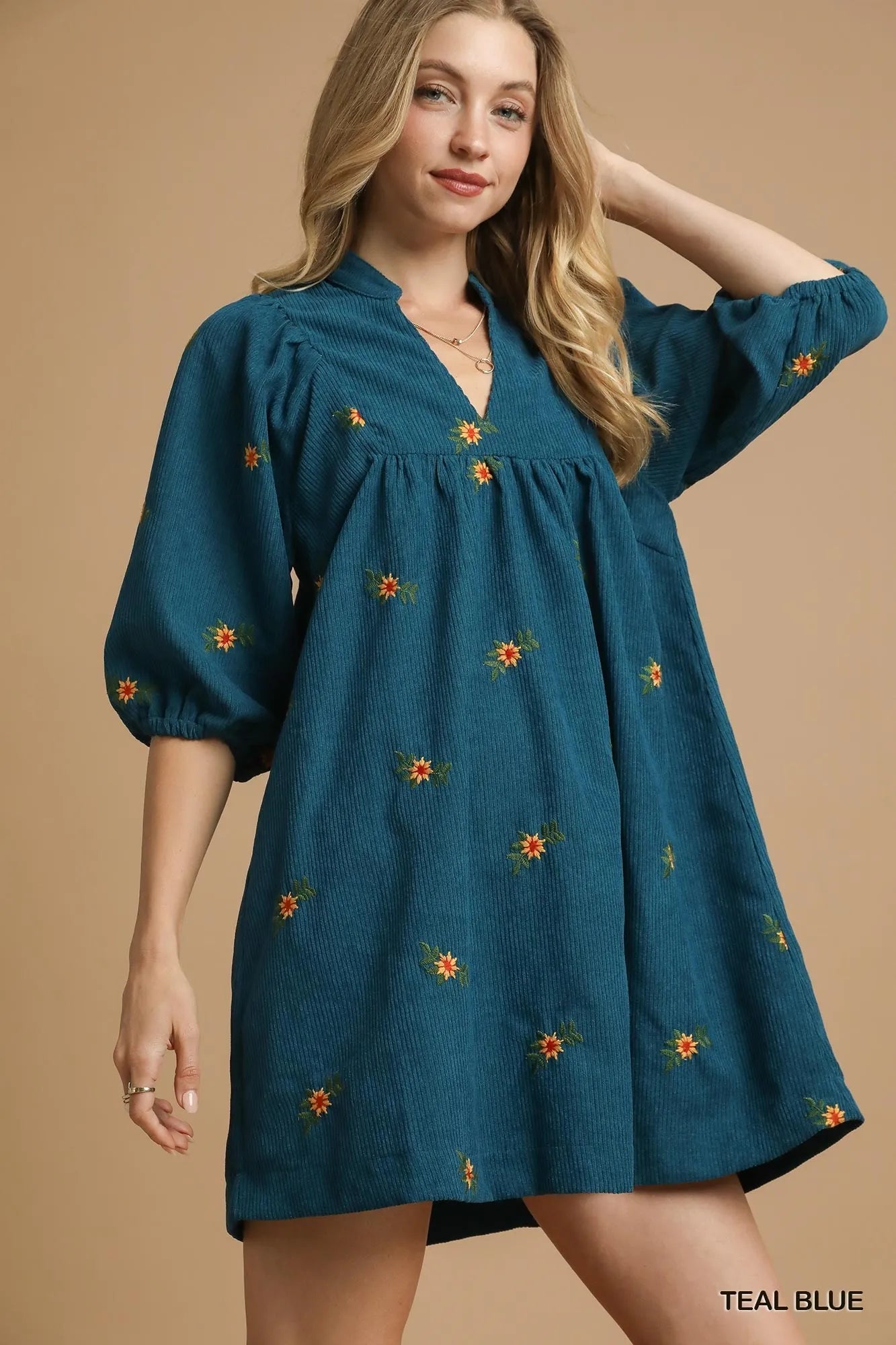 Umgee Corduroy Babydoll Dress with Floral Embroidery TEAL BLUE