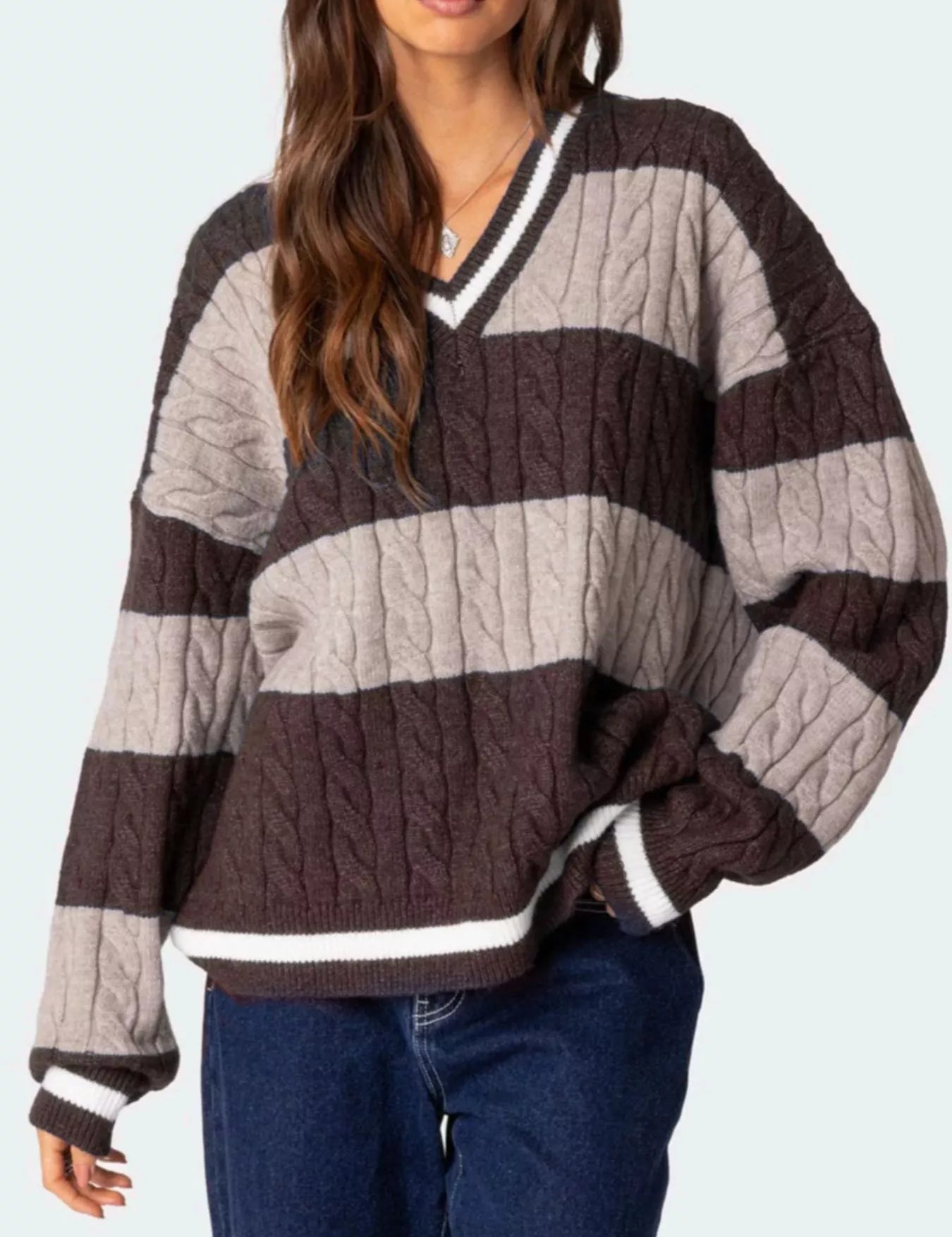 Brown Striped Cable Knit V-Neck Sweater | Sweaters Daverri Fashions