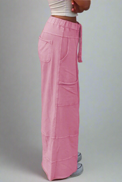 Mineral Wash Exposed Seam Drawstring High Waist Wide Leg Cargo Pants | Loungewear Pants Daverri Fashions