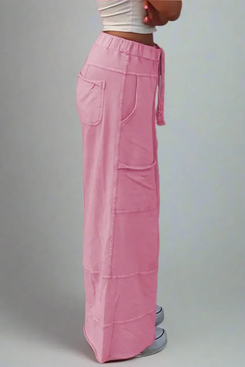 Mineral Wash Exposed Seam Drawstring High Waist Wide Leg Cargo Pants - DAVERRI FASHIONS