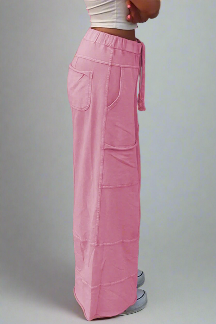 Mineral Wash Exposed Seam Drawstring High Waist Wide Leg Cargo Pants