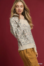 Umgee Leopard Print Quarter-Zip Knit Sweater | Sweaters Daverri Fashions