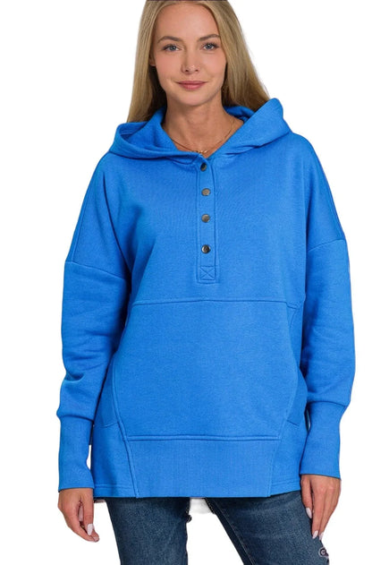 Half Snap Loose Fit Hooded Pullover - DAVERRI FASHIONS
