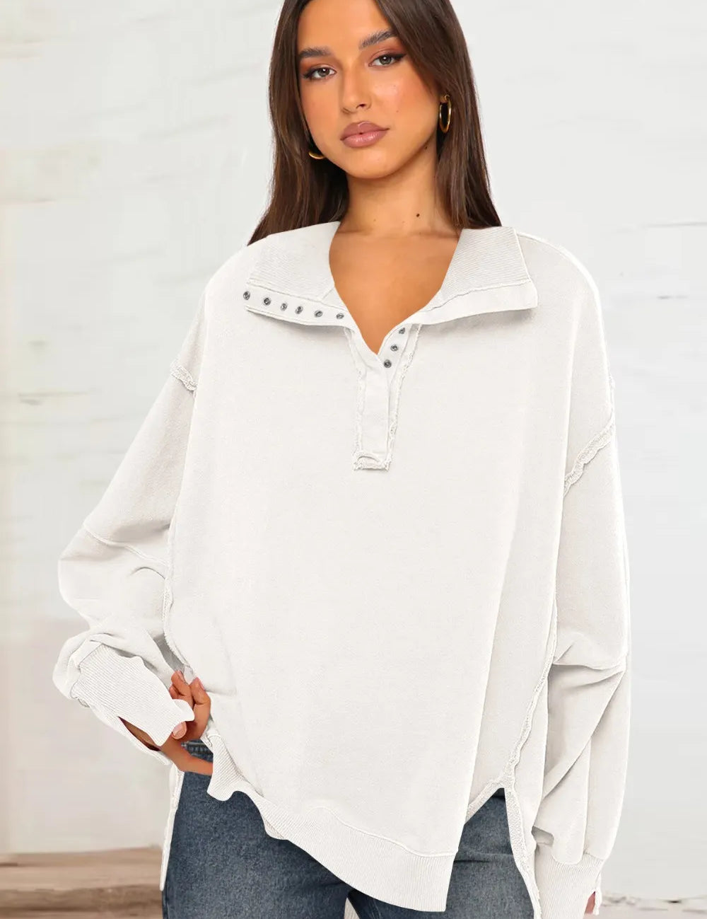 White Exposed Seam Side Slit Long Sleeve Sweatshirt | Sweatshirts Daverri Fashions