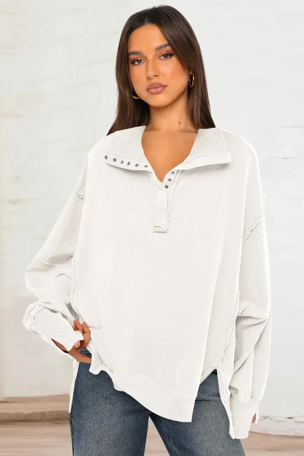 Exposed Seam Side Slit Long Sleeve Sweatshirt - DAVERRI FASHIONS