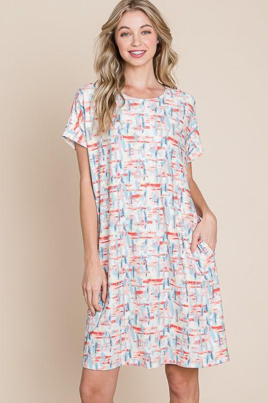BOMBOM Printed Round Neck Short Sleeve Tee Dress - DAVERRI FASHIONS