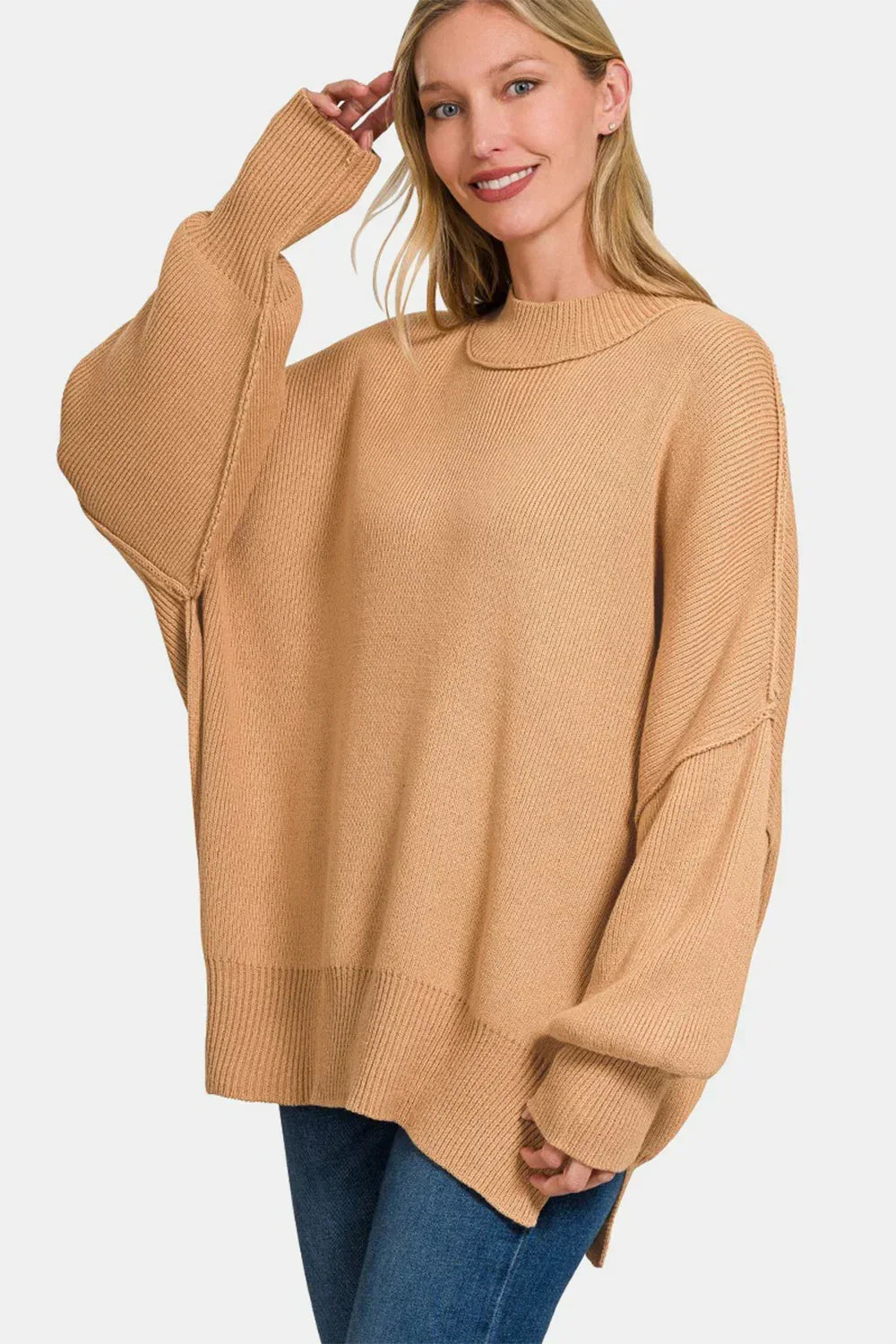 Zenana Side Sit Oversize Sweater Dk Brush - DAVERRI FASHIONS