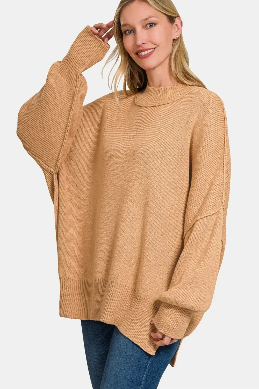 Zenana Side Sit Oversize Sweater Dk Brush - DAVERRI FASHIONS