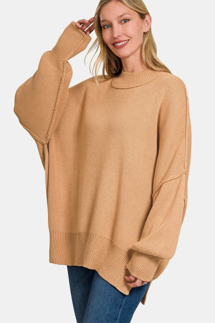 Zenana Side Sit Oversize Sweater Dk Brush S M Sweaters