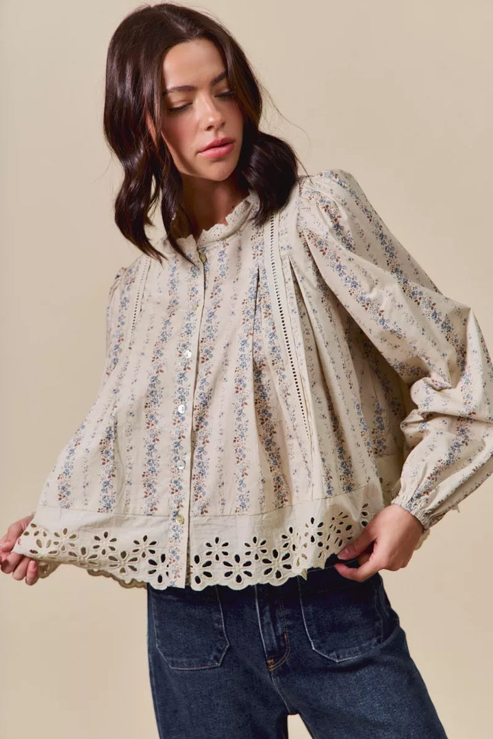 SO ME Floral Print Lace Button Down Shirt | Daverri Fashions