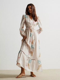 Floral print long sleeve maxi dress with smocked waist and pastel embroidery