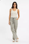 BiBi Drawstring Striped Twill Barrel Pants in soft beige gray
