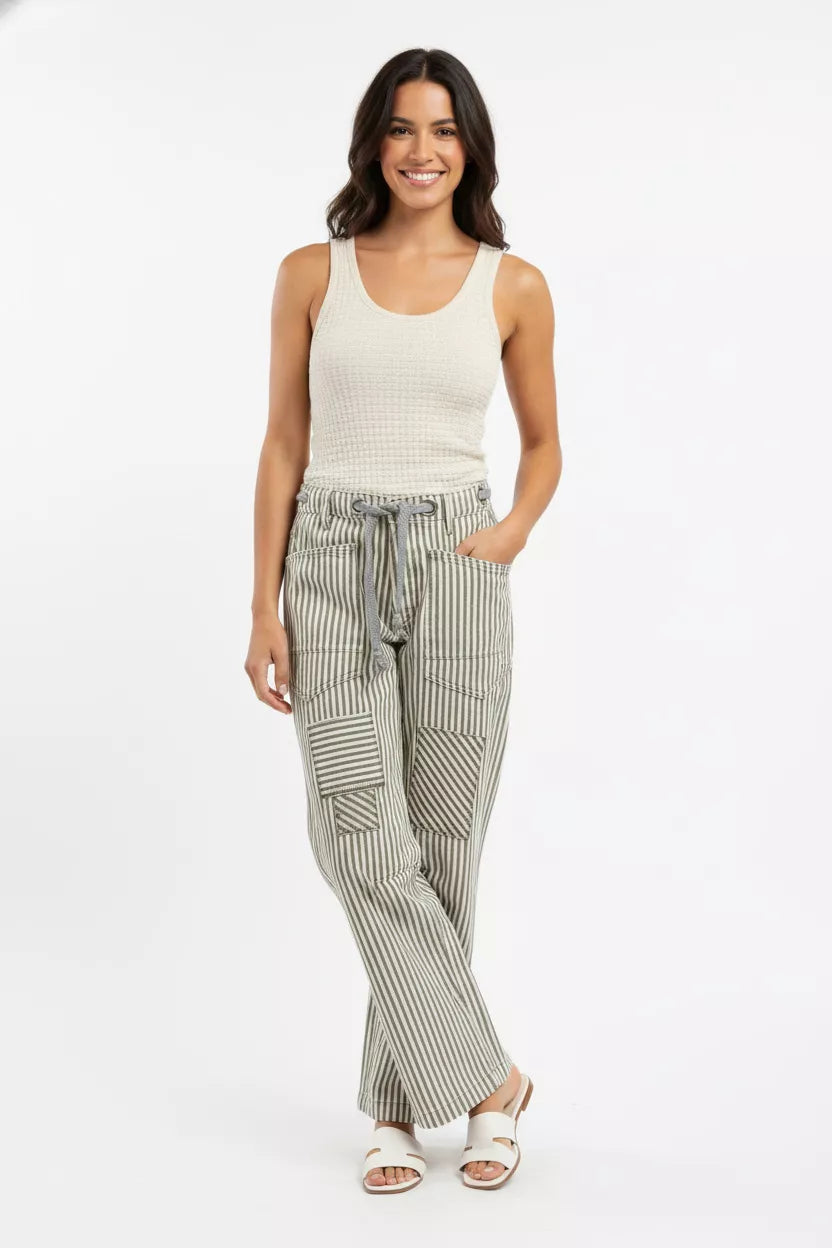 BiBi Drawstring Striped Twill Barrel Pants in soft beige gray