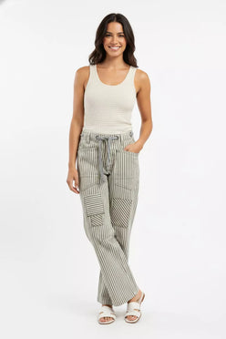 BiBi Drawstring Striped Twill Barrel Pants in soft beige gray