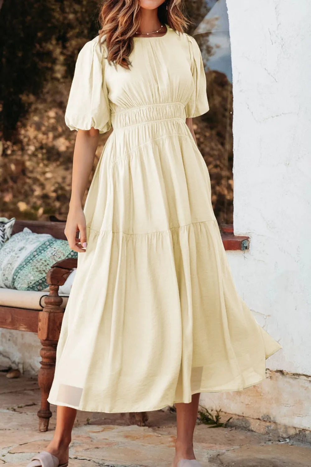 Free People puff sleeve pleated high waist flowy midi dress