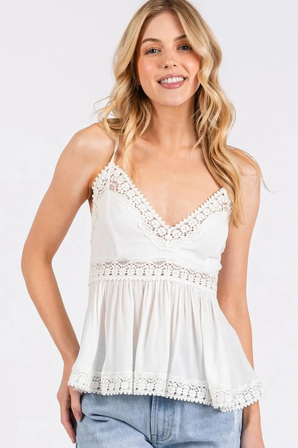 White lace-trimmed Mittoshop crisscross back V-neck cami with peplum hem