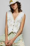 POL Embroidered Floral V-Neck Button Down Crochet Vest