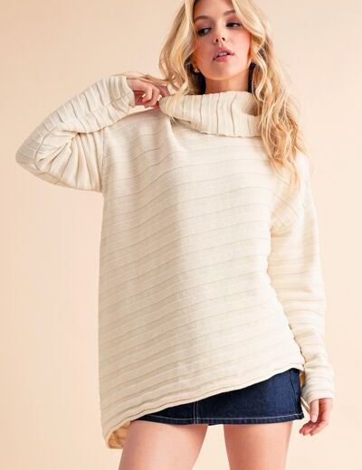 Aemi + Co Asymmetrical Side Slit Turtleneck Sweater Ivory Sweaters