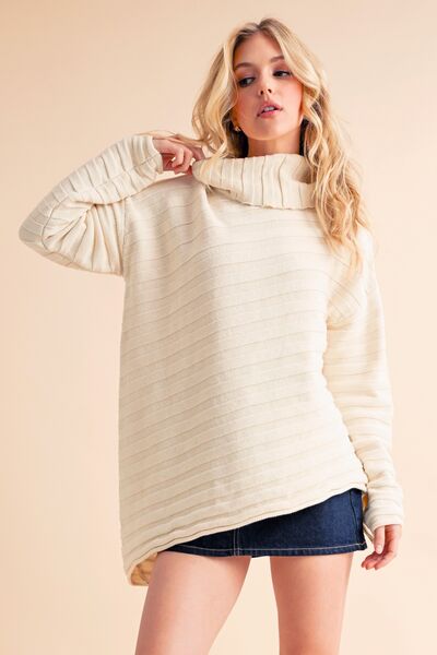 Aemi + Co Asymmetrical Side Slit Turtleneck Sweater Ivory Sweaters