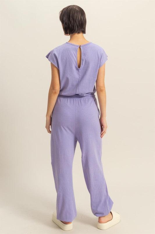 HYFVE Back Keyhole Round Neck Cap Sleeve Drawstring Jumpsuit Jumpsuits