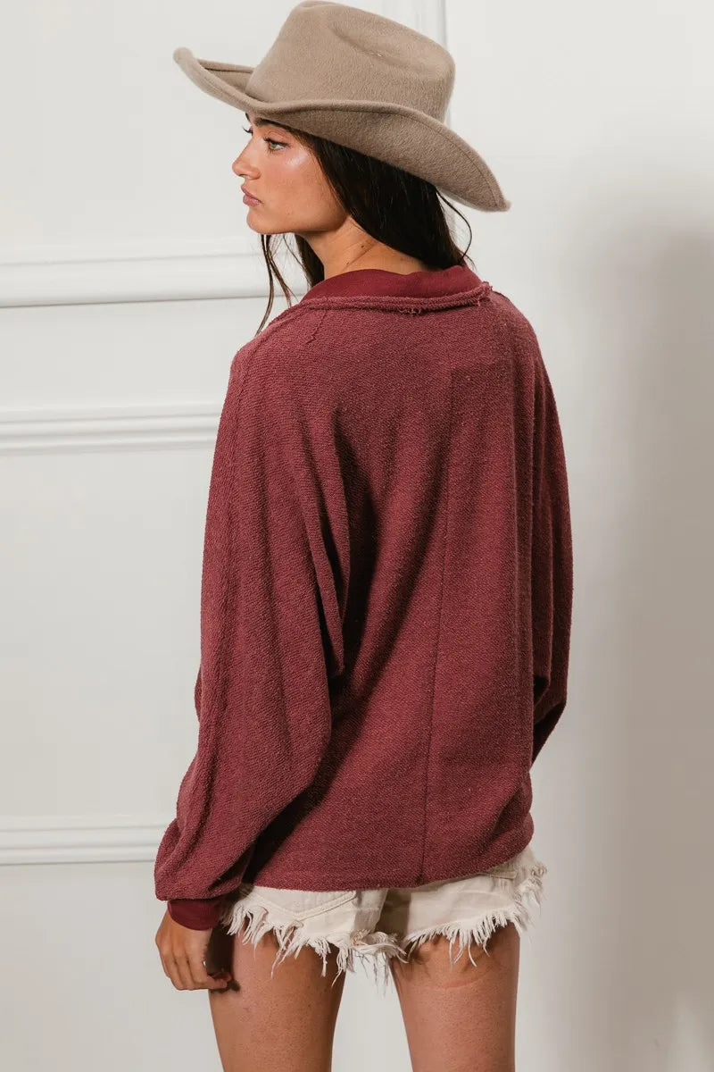 BiBi Cp French Terry Cut Edge Detail Collared Top | Tops Daverri Fashions