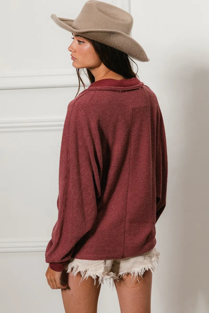 BiBi Cp French Terry Cut Edge Detail Collared Top | Tops Daverri Fashions