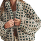 Daverri Plaid Zip Up Sherpa Jacket in cream and dark green checkered shearling