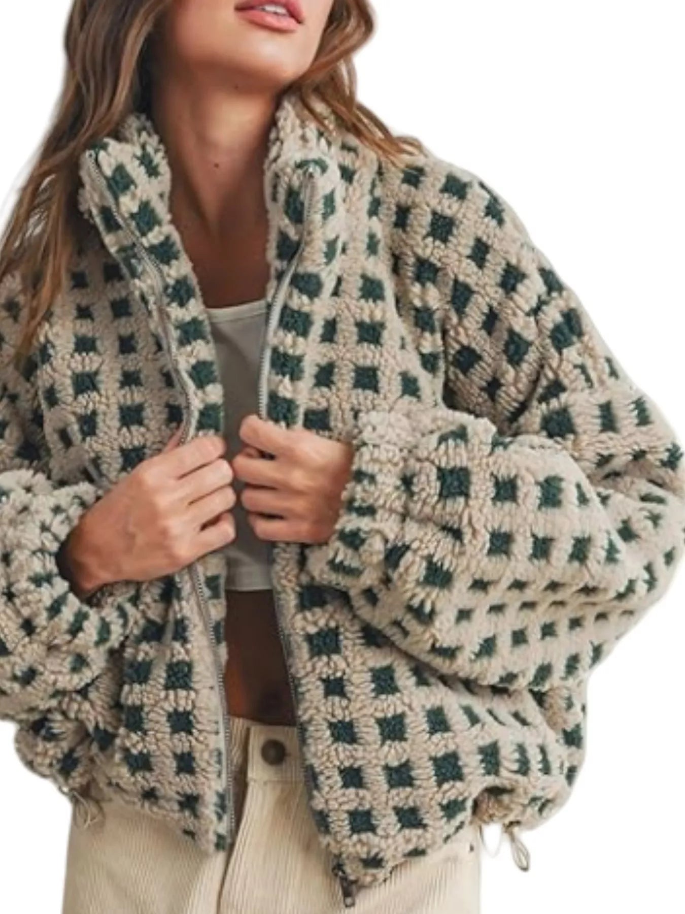 Daverri Plaid Zip Up Sherpa Jacket in cream and dark green checkered shearling