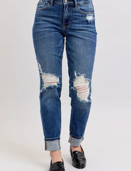 DK Judy Blue Full Size Mid Rise Boyfriend destroy Jeans with Yoke Pockets and Faux Selvedge Cuff Plus Size | Daverri Fashions