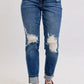 Judy Blue Full Size Mid Rise Boyfriend destroy Jeans with Yoke Pockets and Faux Selvedge Cuff Plus Size - DAVERRI FASHIONS