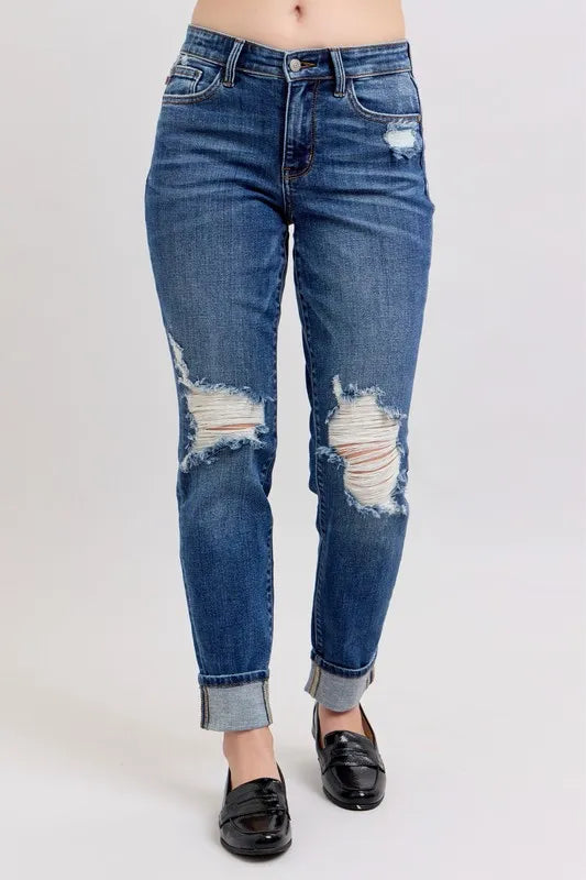 Judy Blue Full Size Mid Rise Boyfriend destroy Jeans with Yoke Pockets and Faux Selvedge Cuff Plus Size DK