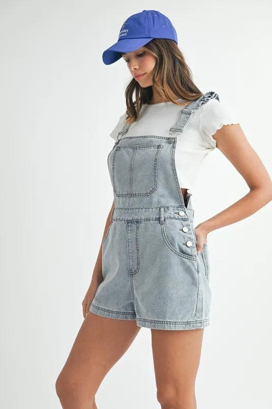 MABLE Square Neck Ruffle Shoulder Denim Overall Romper Shortalls