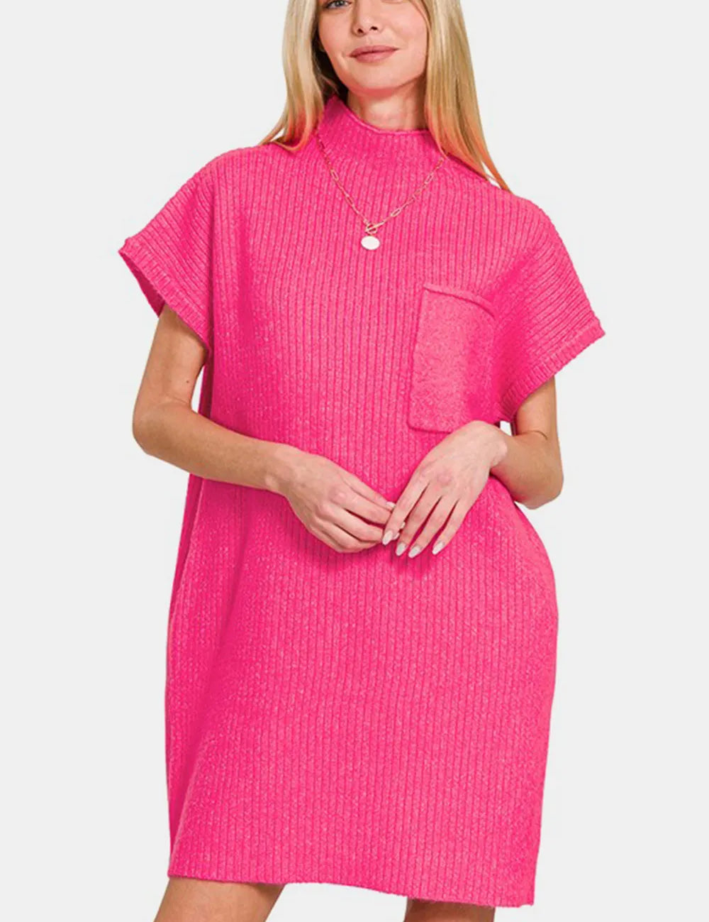 Hot Pink L Zenana Short Sleeve Sweater Mini Dress | Sweaters Daverri Fashions
