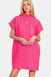 Hot Pink L Zenana Short Sleeve Sweater Mini Dress | Sweaters Daverri Fashions