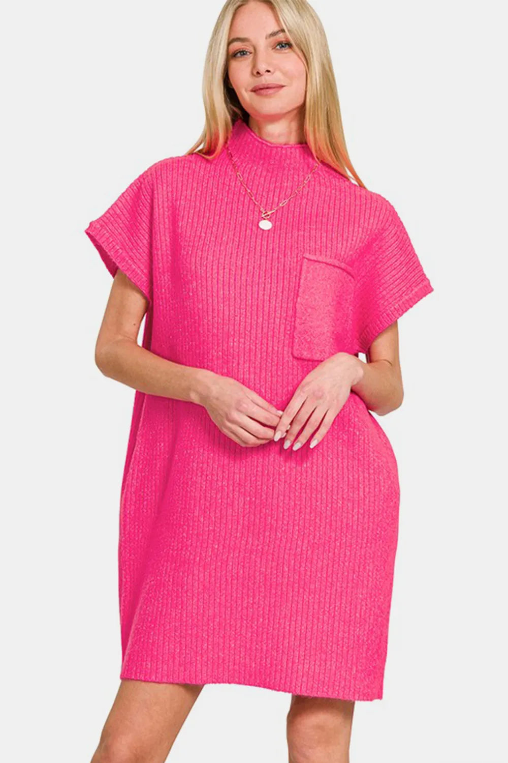 Zenana Short Sleeve Sweater Mini Dress Hot Pink Mini Dresses