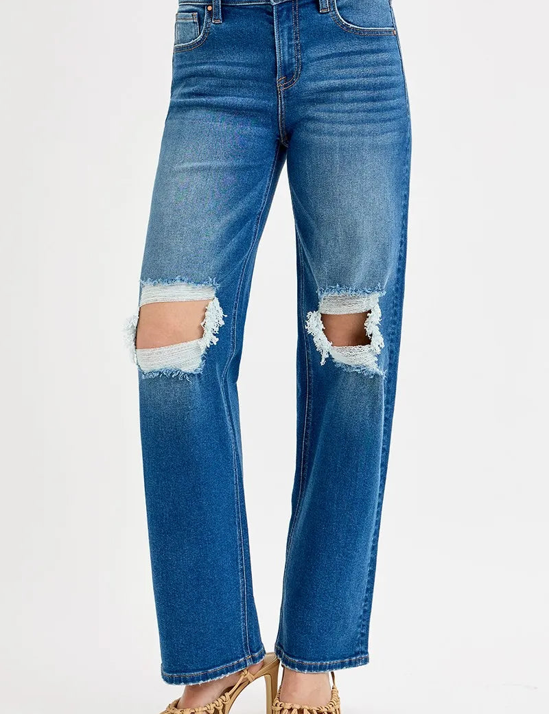 MEDIUM RISEN Full Size Mid Waist Fit Boyfriend Knee Distressed Jeans | Jeans Daverri Fashions