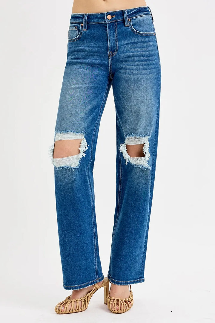 RISEN Full Size Mid Waist Fit Boyfriend Knee Distressed Jeans MEDIUM Jeans