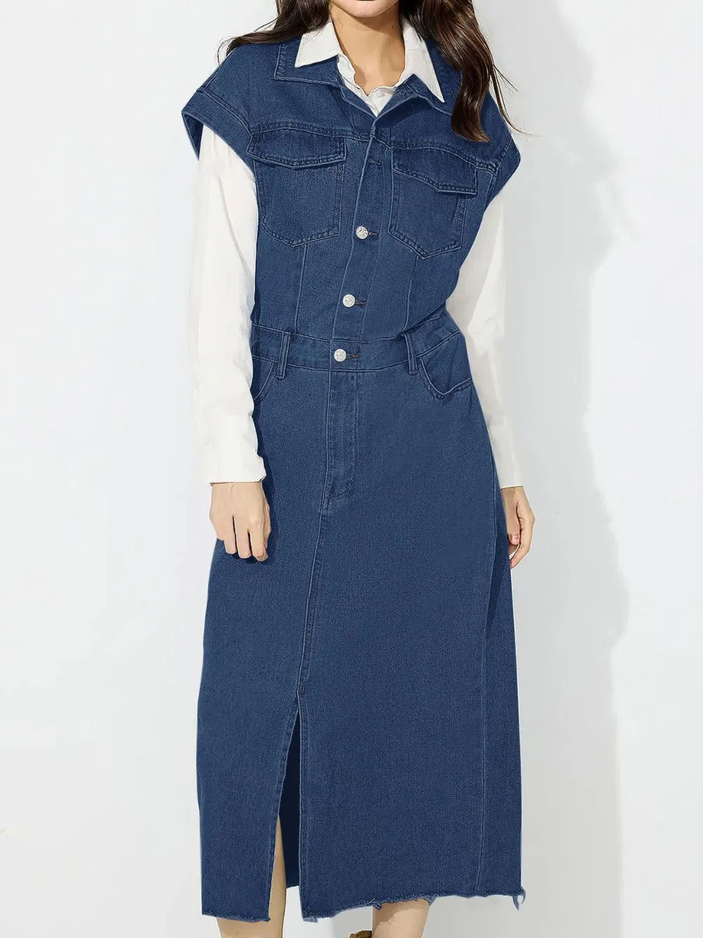 Slit Half Button Collared Neck Cap Sleeve Denim Dress | Midi Dresses Daverri Fashions