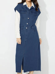 Slit Half Button Collared Neck Cap Sleeve Denim Dress | Midi Dresses Daverri Fashions