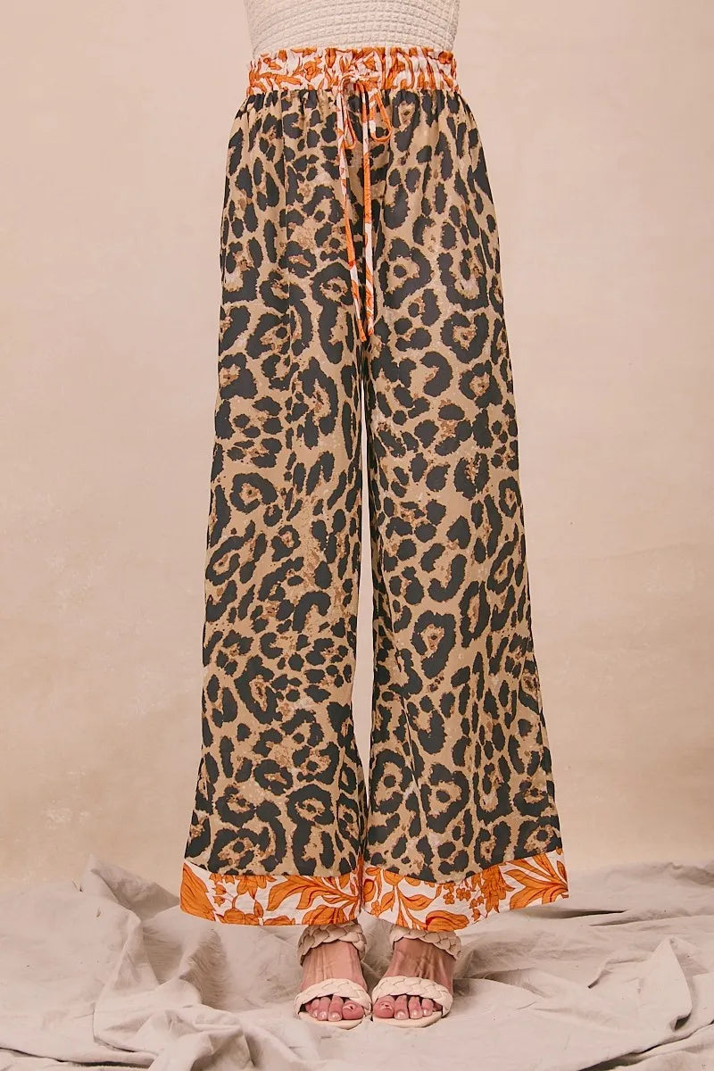 BiBi Leopard Print With Contrast Banded Wide Pants Pants