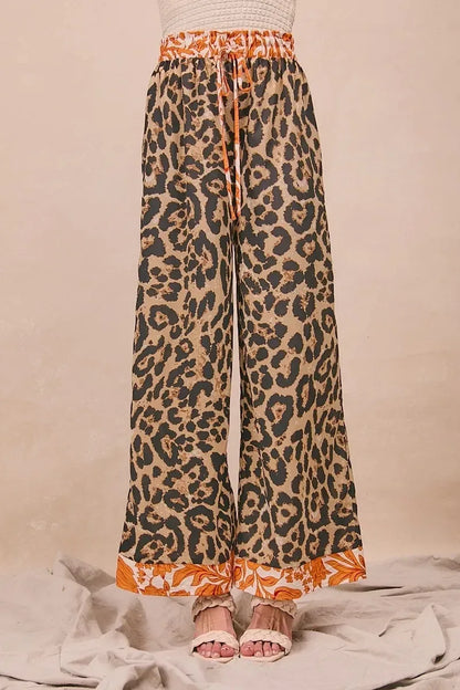 BiBi Leopard Print With Contrast Banded Wide Pants - DAVERRI FASHIONS