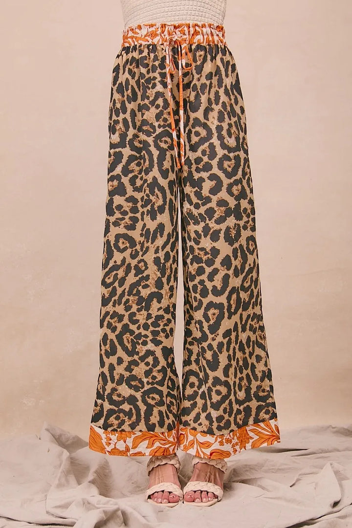 BiBi Leopard Print With Contrast Banded Wide Pants Pants