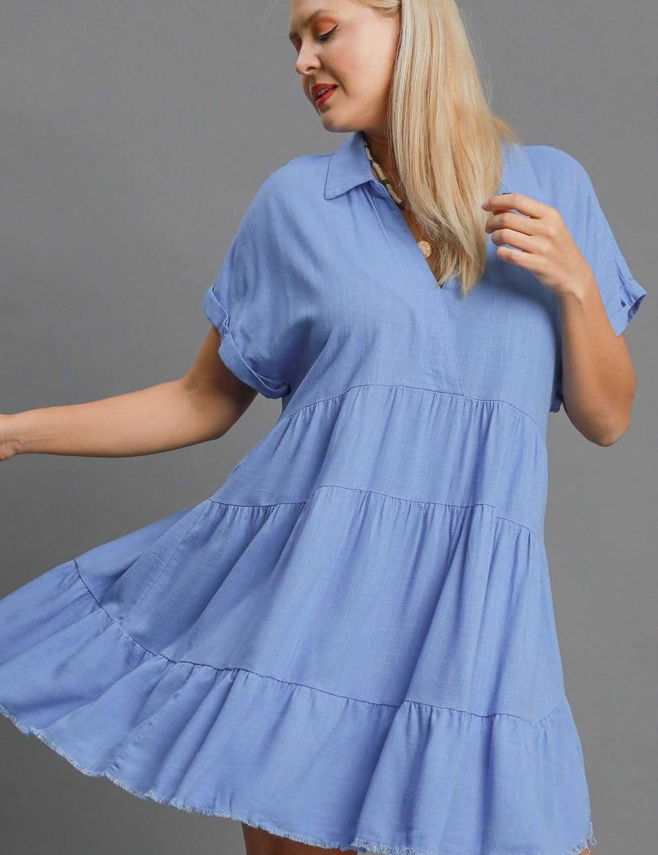 Umgee Full Size Sky Blue Raw Hem Folded Sleeve Tiered Dress | Mini Dresses Daverri Fashions