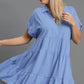 Umgee Full Size Sky Blue Raw Hem Folded Sleeve Tiered Dress Mini Dresses