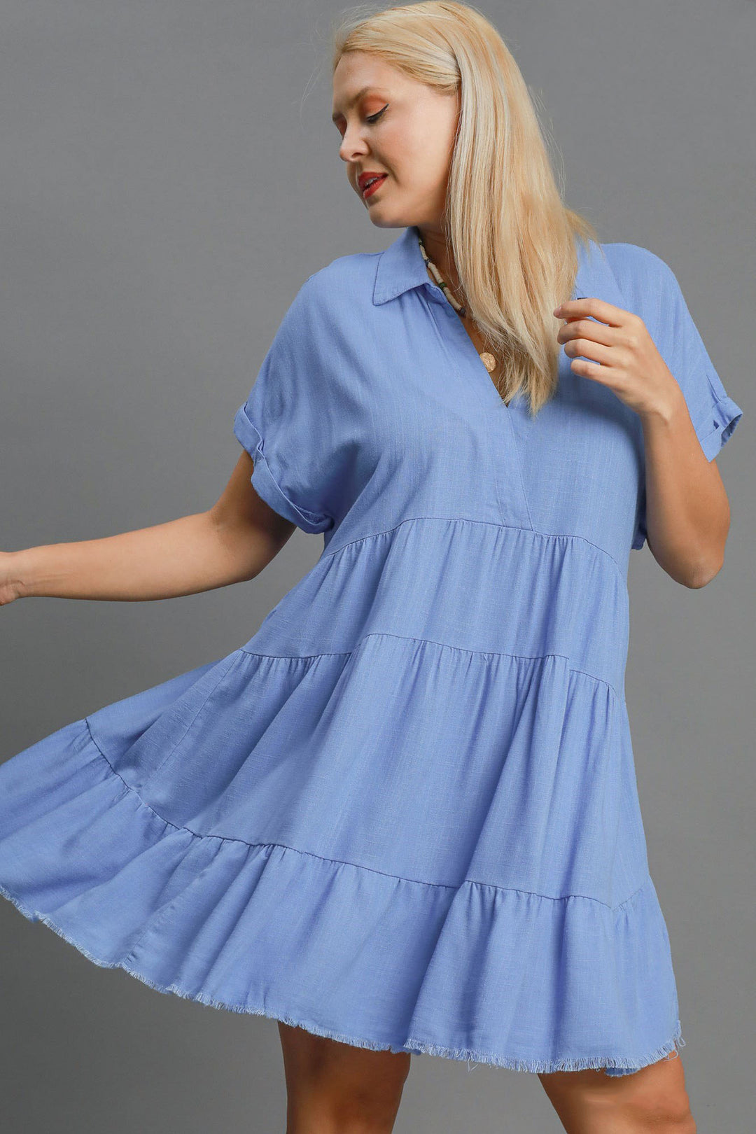 Umgee Full Size Sky Blue Raw Hem Folded Sleeve Tiered Dress Mini Dresses