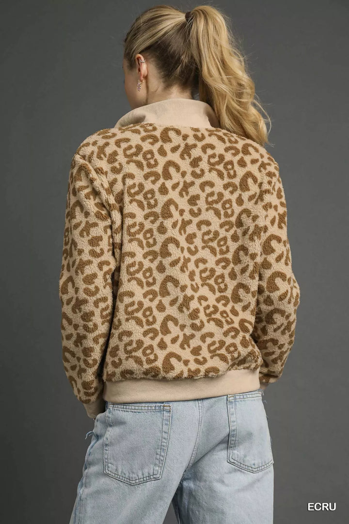 Umgee Leopard Print Quarter-Zip Sweatshirt | Sweatshirts Daverri Fashions