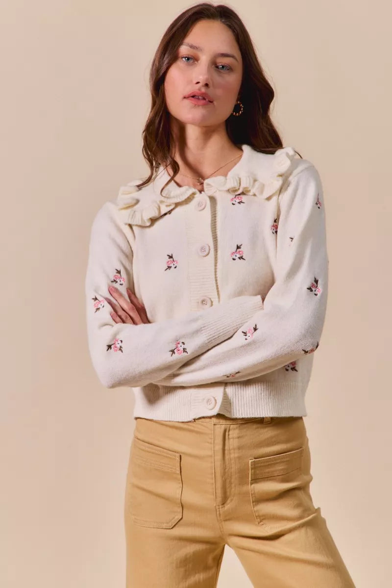 SO ME Collared Floral Embroidered Button Down Sweater Cardigan | Cardigans Daverri Fashions