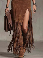 Denim Patchwork Fringe Maxi Skirt | Maxi Skirts Daverri Fashions